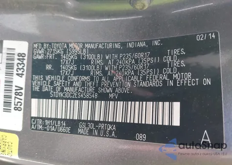 2014 Toyota Sienna Xle V6 8 Passenger из США, поврежденный, VIN 5TDYK3DC2ES458548